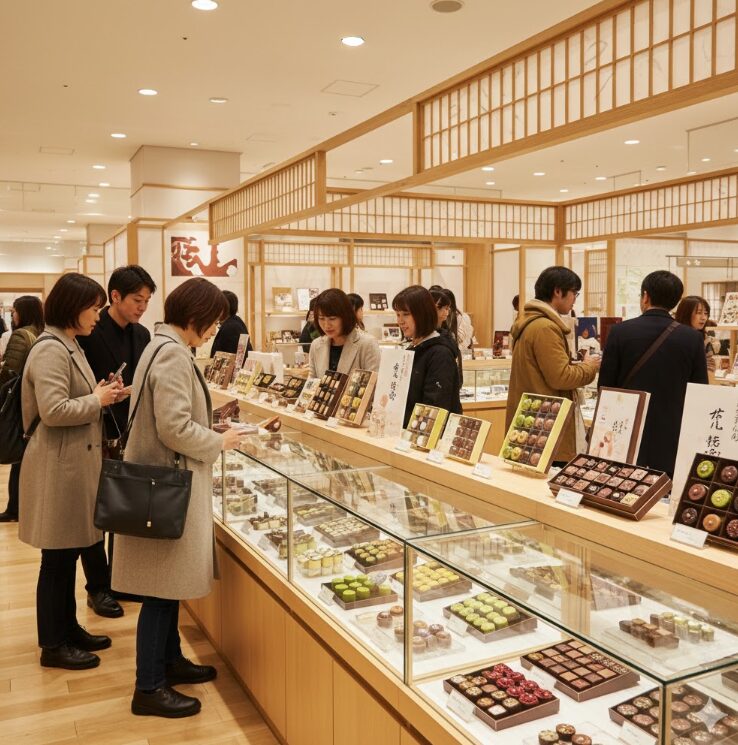 モダンな百貨店の催事場。京都会場をイメージし、和紙や竹の装飾がさりげなく取り入れられたブースで、抹茶や和素材を使ったチョコレートがディスプレイされている。