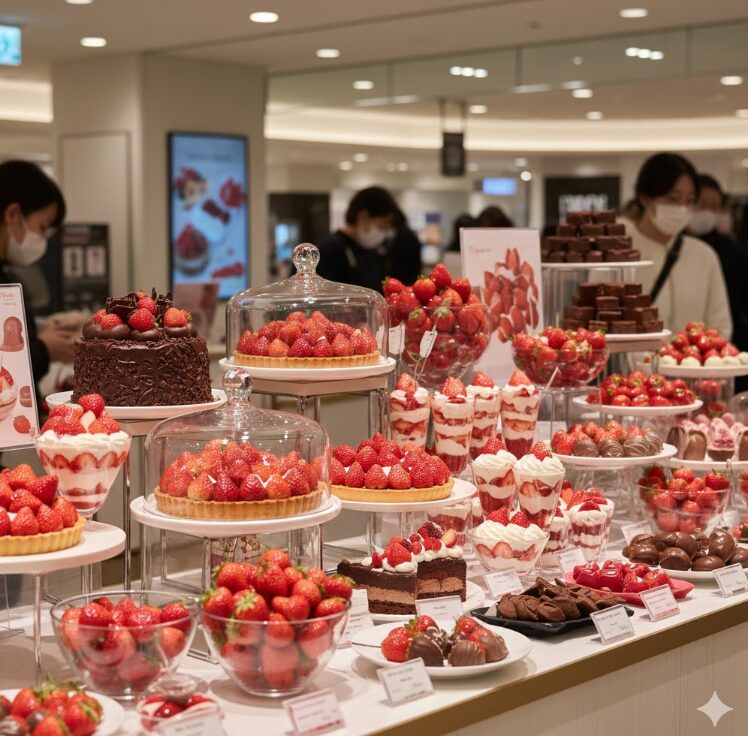 チョコレートの茶色と、鮮やかな赤いいちごが対比されたディスプレイ。山盛りのフレッシュないちごと、いちごを贅沢に使ったチョコスイーツが並ぶブース。