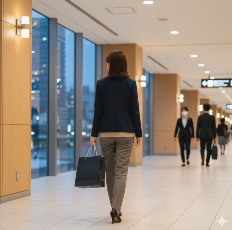 仕事帰りとおぼしきスーツやオフィスカジュアル姿の日本人女性が、百貨店のロゴが入っていない上品な紙袋を持ち、洗練された駅ビル内の通路を軽やかに歩いている後ろ姿。