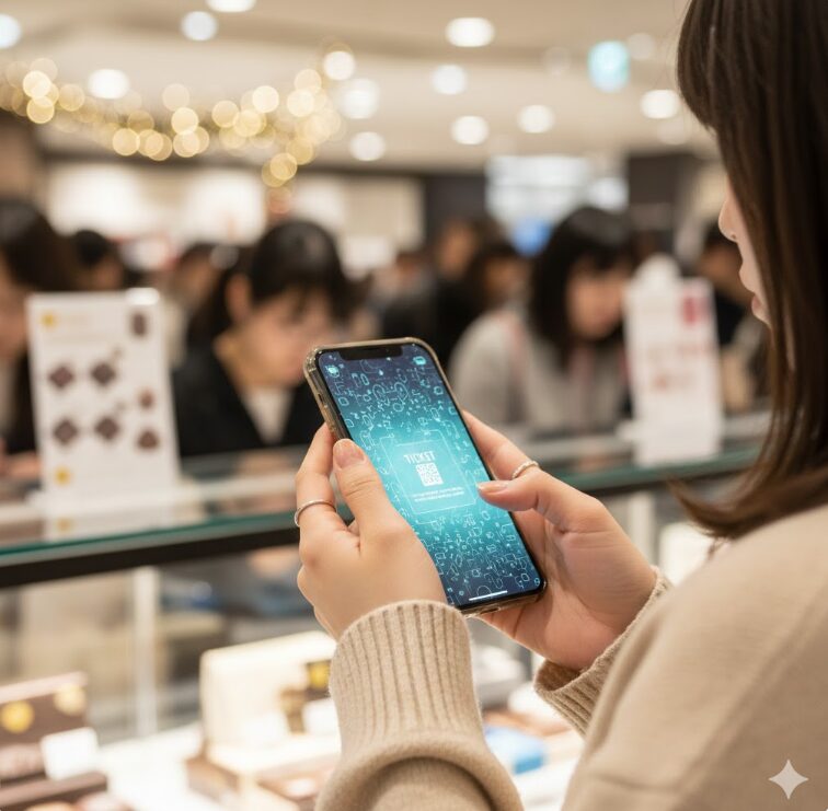 会場入り口付近で、日本人女性がスマートフォンの画面（予約済みのQRコードや整理券をイメージさせる抽象的な画面）を確認している手元のアップ。背景は少しぼかした賑やかな会場風景。