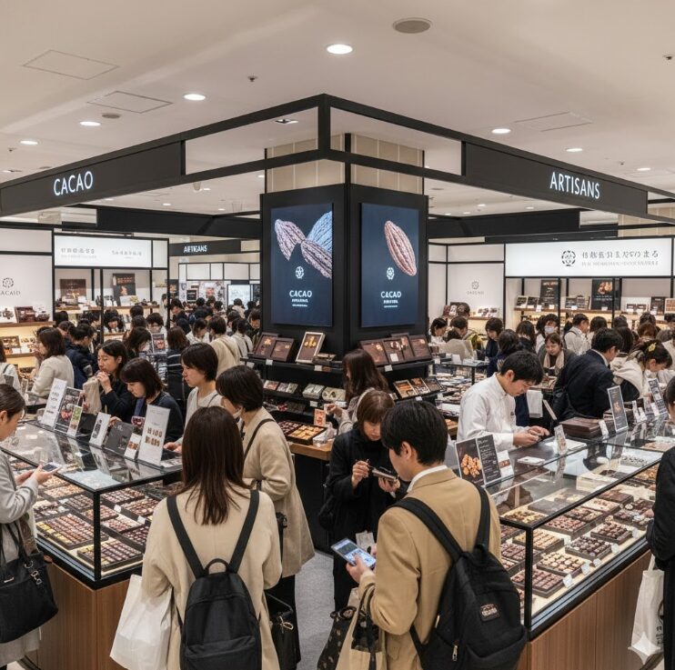 洗練されたデザインの大型イベント会場（新宿の百貨店催事場をイメージ）。「CACAO」や「ARTISANS」といったエリア分けがなされたスタイリッシュなブースが並び、多くの日本人来場者が熱心にショコラを選んでいる活気ある様子。