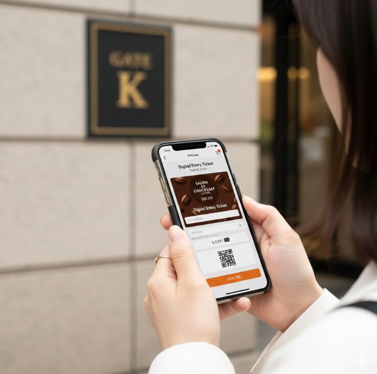 日本人女性が、伊勢丹新宿店のような百貨店の外壁（あるいはGate K付近の看板）を背景に、スマートフォンの画面（デジタル入場整理券の受付画面をイメージ）を確認している手元のアップ。