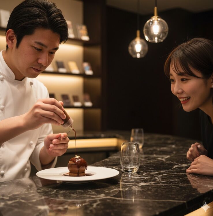 高級感のあるカウンター席で、日本人シェフが繊細なチョコレートデザート（デセール）の最後の仕上げとして、ソースをかけたり金箔を添えたりしている瞬間。目の前の客席からは期待に満ちた表情の女性が見守っている。