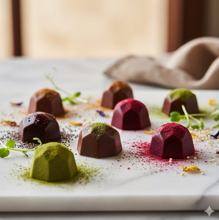  大理石のプレートの上に置かれた、宝石のように美しいショコラのアップ。カカオレス（代替素材）を象徴するような、植物の芽や自然由来の素材が背景に添えられており、健康的かつ高級感のある雰囲気。