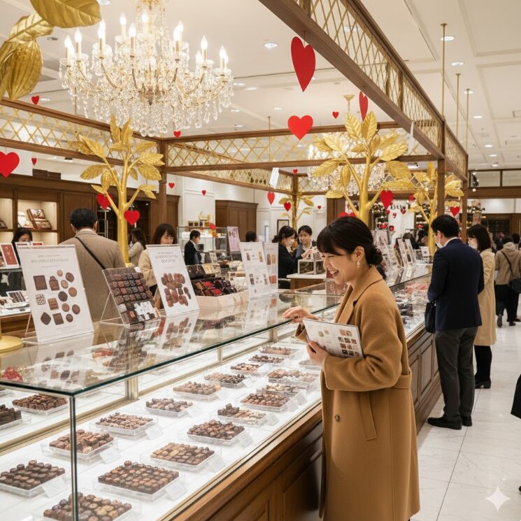 華やかに装飾された百貨店の特設会場。ショーケースには宝石のようなチョコレートが並び、上品なコートを着た日本人女性が楽しそうに選んでいる様子。背景にはイベントの象徴的な装飾（カカオの木やハートのモチーフ）を配置し、活気はあるが清潔感と高級感のある空間を描く。