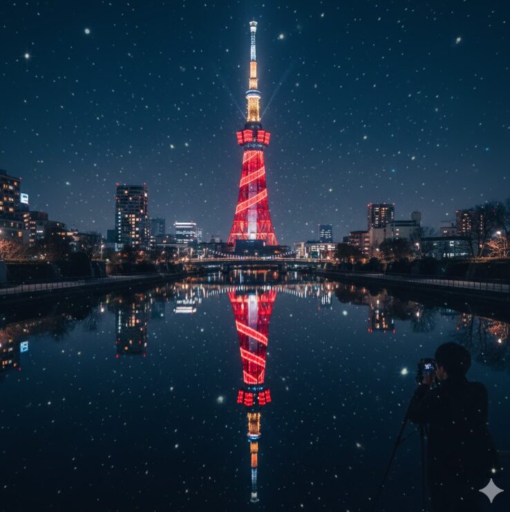 夜空に輝く「赤いリボン」をイメージしたスカイツリー、手前の川面に映る光の反射、冬の澄んだ空気感。