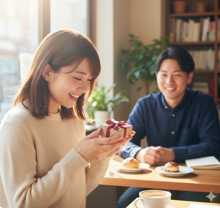 日当たりの良いカフェで、男性から贈られた小さなギフトボックスを手に取り、嬉しそうに微笑む日本人の女性。