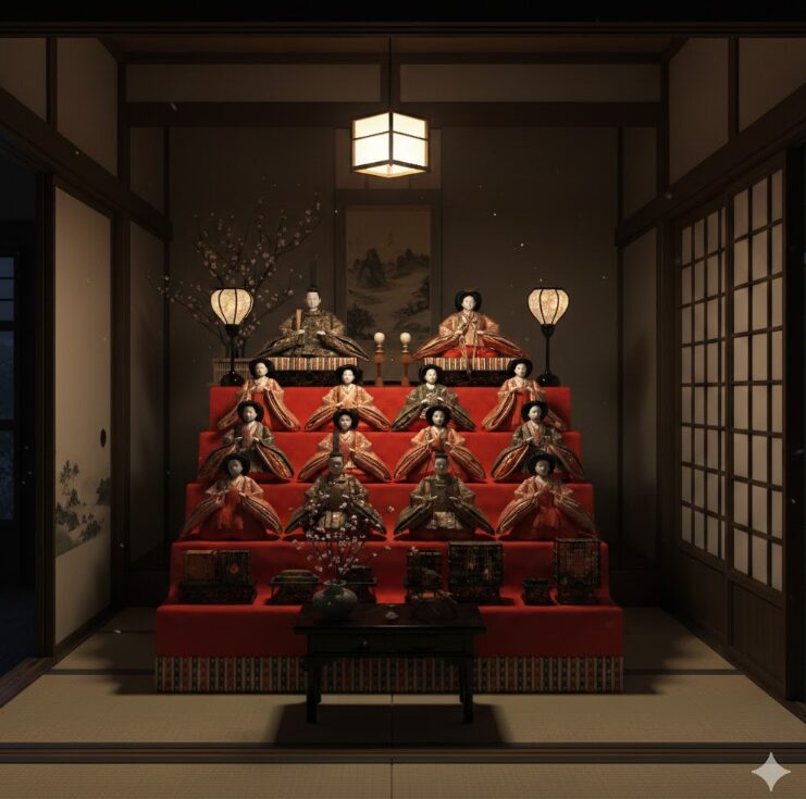 伝統的な和室で薄明かりに照らされる重厚な雰囲気の雛人形