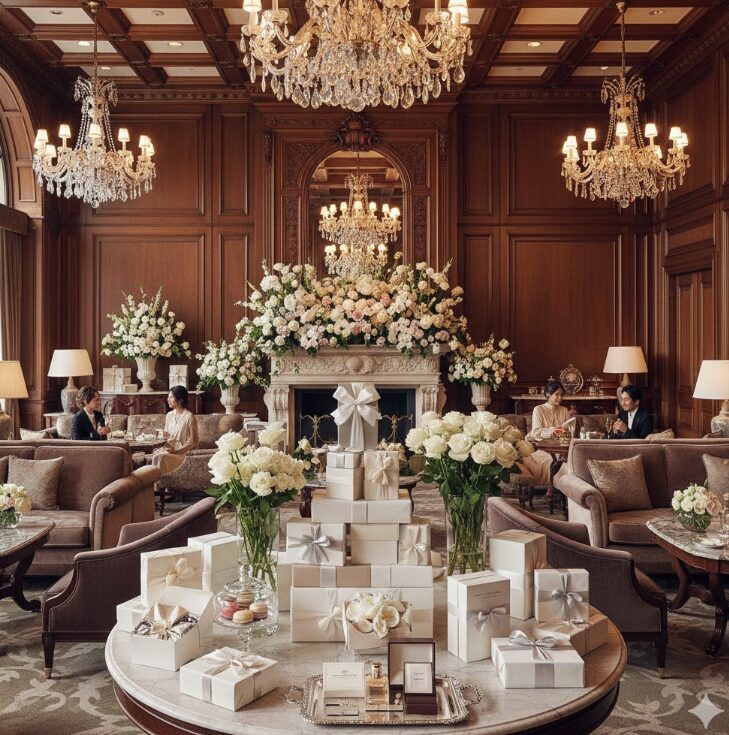 ラグジュアリーで重厚感のある高級ホテルのラウンジに、ホワイトデーのお返しの豪華なプレゼントが飾り付けられている様子