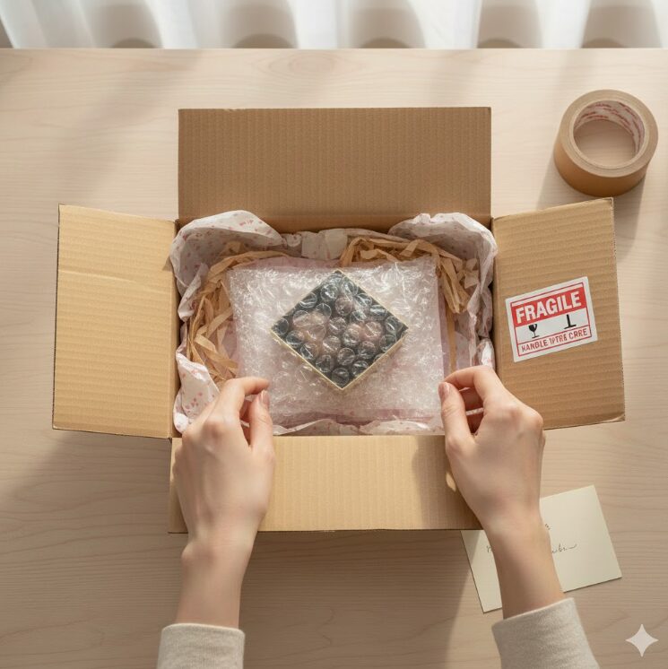 バレンタインのチョコレートを段ボール箱に梱包している様子。エアキャップで包まれたチョコが緩衝材で保護され、封筒、ガムテープ、割れ物注意シールが写っている。