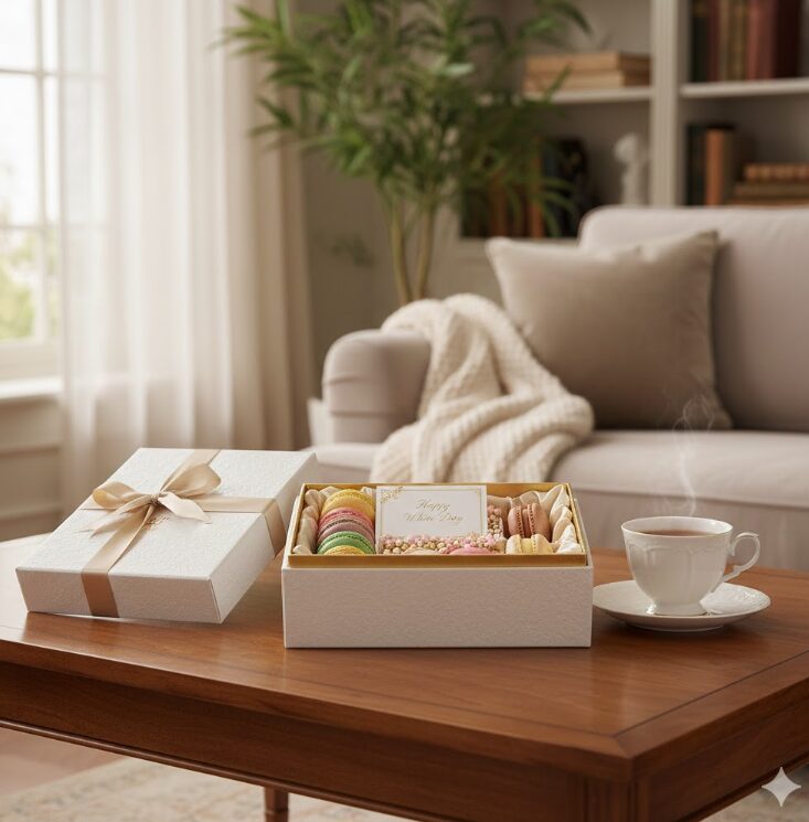 ホワイトデーのお返しとして、高級な箱に入ったお菓子が、上質な部屋のテーブルに置かれている様子