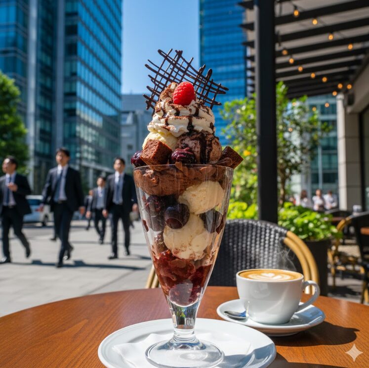 オフィス街にあるお洒落なカフェテラスのテーブルの上に、濃厚そうなチョコレートパフェが飾り付けられているイメージ