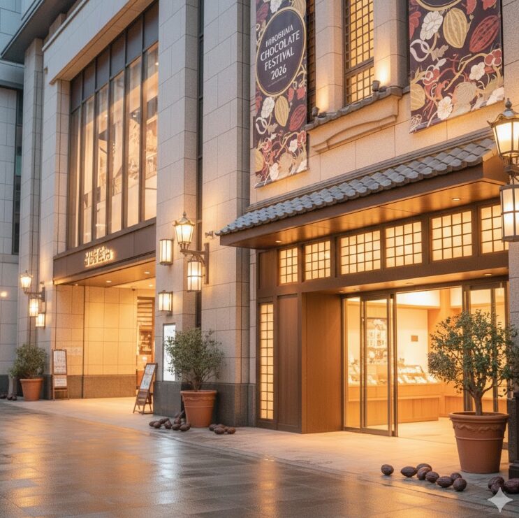 広島市中心部の百貨店（和モダンと現代建築が混ざったような建物）を背景に、冬の装いをした日本人女性が楽しそうにショコラの紙袋を持って歩いている様子。温かい街灯の光とカカオをイメージした装飾が、イベントの始まりを予感させます。