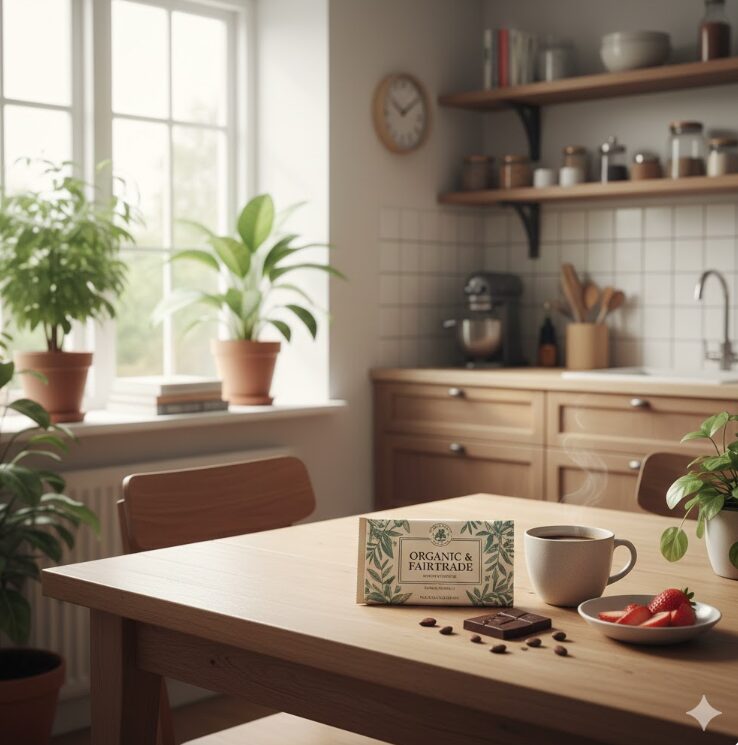 明るく清潔感のあるナチュラルなキッチンに、丁寧に包装されたオーガニックチョコレートが置かれている。背景には観葉植物や自然光が差し込む窓があり、丁寧な暮らしと「幸せな一粒」を象徴する。