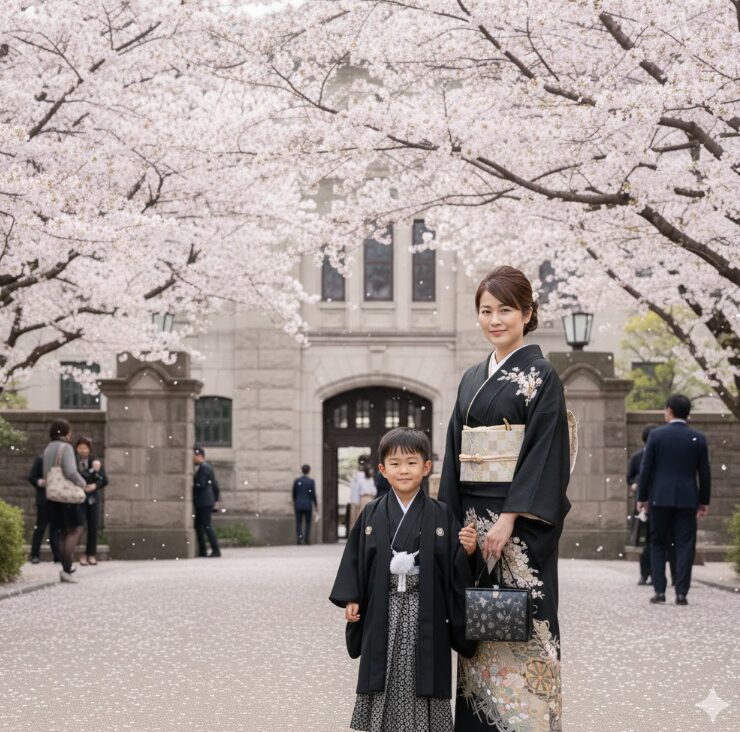 桜が舞い始める春の校門前や校舎を背景に、黒地の華やかな訪問着を着た母親が、卒業証書を持つ子供と笑顔で並んでいるシーン。