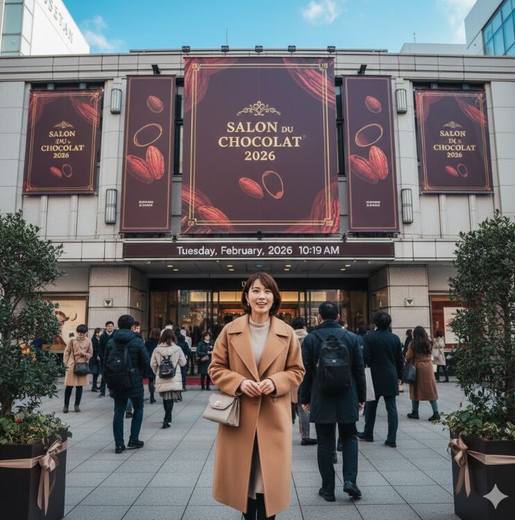 伊勢丹新宿店本館の外観、または華やかに装飾された催物場のエントランス付近。 被写体: 期待に満ちた表情で会場へ向かう日本人女性