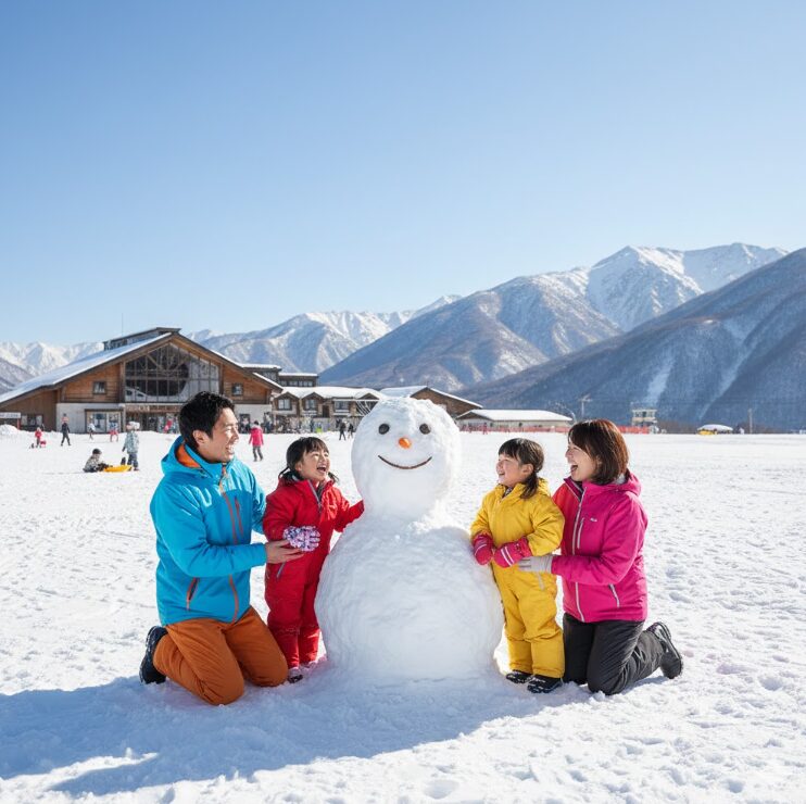 青空の下、広々とした雪遊び専用エリアで、カラフルなウェアを着た日本人家族（父、母、幼い子供2人）が、大きな雪だるまを作って笑い合っている様子。背景には美しい雪山とスキー場のセンターハウスが見える。
