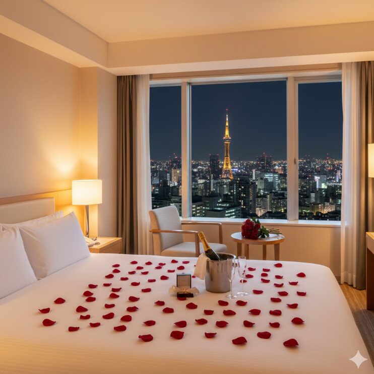 福岡の夜景が見えるホテルの客室。ベッドの上にはバレンタインを象徴するバラの花びらや小さなギフトボックス、シャンパンが置かれている。窓の外には遠くに福岡タワーのシルエット。