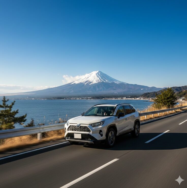 冬の晴天の下、相模湾沿いの乾いた道路を走行する白いSUVと遠くに見える富士山の風景