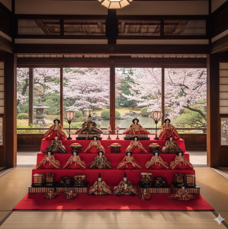 関西の歴史ある空間と春の和風庭園の風景。豪華絢爛なひな人形が飾られている