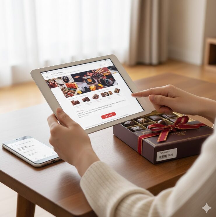  明るい室内で、日本人女性がタブレットやスマートフォンを使ってオンラインストアの商品画面を見ている手元のアップ。傍らには、届いたばかりの美しくラッピングされた高級チョコの箱が置かれている。デジタルとリアルの融合を表現。

