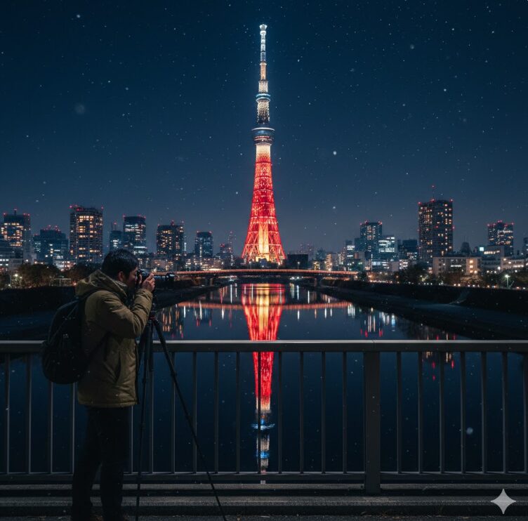 十間橋からの構図、川面に完璧に映り込んだリボンライティングのタワー、三脚を構えて撮影を楽しむ男性のシルエット。