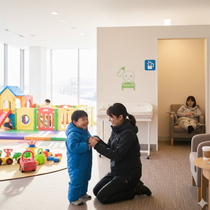 清潔で明るいスキー場内の休憩スペースやキッズルーム。日本人の母親が、暖かい室内で子供に防寒着を着せ直したり、おむつ替えスペースの案内看板の近くで一息ついたりしている、安心感のある光景。