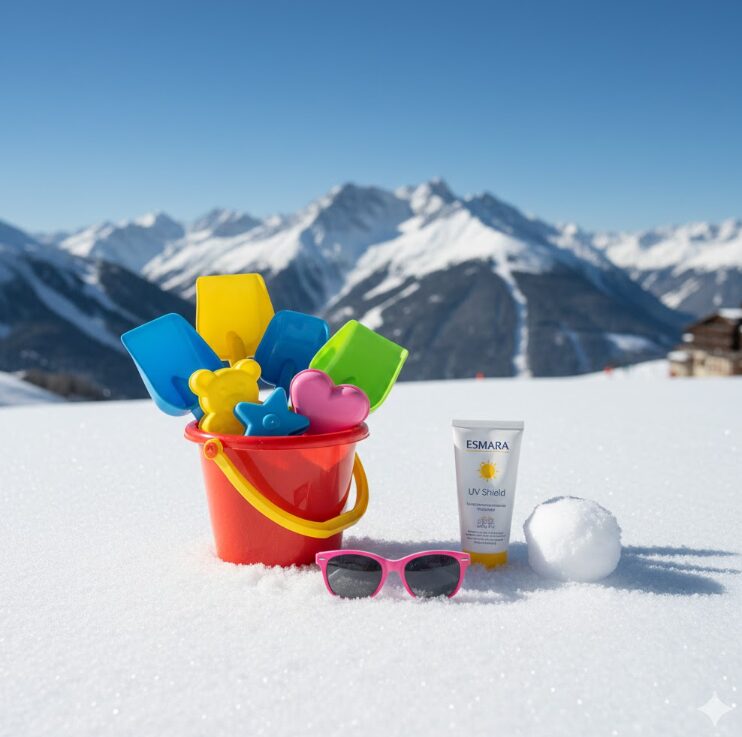 雪遊びに便利な「お砂場セット（カラフルなバケツや型抜き）」と、UV対策のサングラスや日焼け止めを、雪の上に可愛らしく配置したカット。