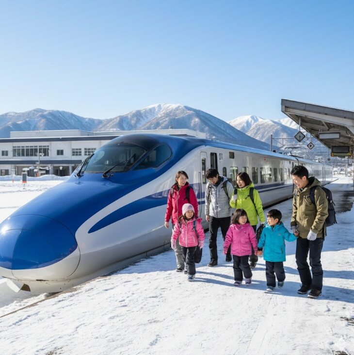  雪国らしい景色の中を走る特急列車、またはスキー場の最寄り駅に到着した直行バス。そこから笑顔で降りてくる、バックパックを背負った日本人の友人グループや家族。雪道運転のストレスがない、晴れやかな表情。