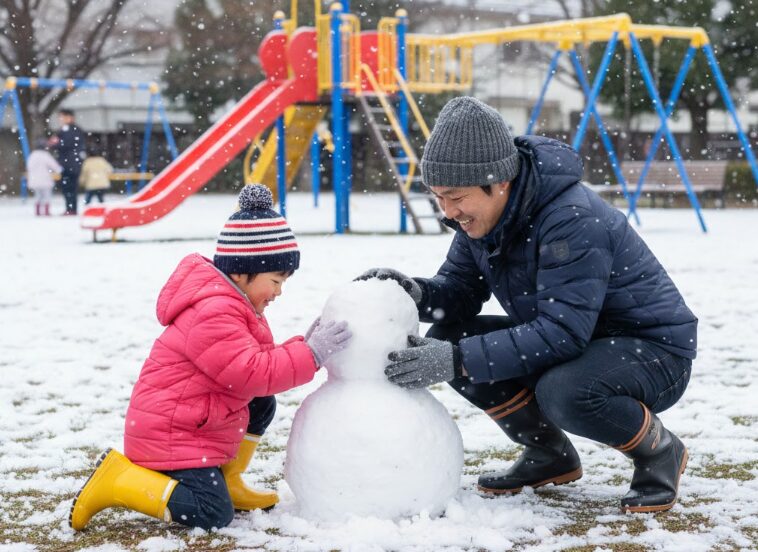 背景にカラフルな滑り台やジャングルジムなどの遊具があり、薄く雪が積もっている。

日本人の父親と小さな子供（3〜5歳）が、膝をついて一緒に大きな雪だるまを完成させている。