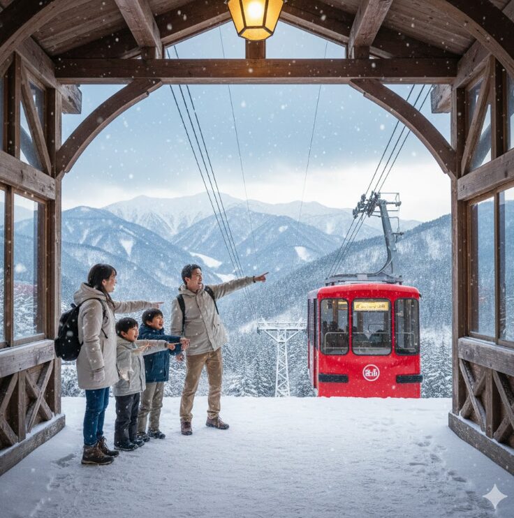雪が降る駅のホーム、またはロープウェイの乗り場を背景にする。

日本人の家族が、リュックサック程度の軽装でワクワクしながら乗り物を待っている様子。