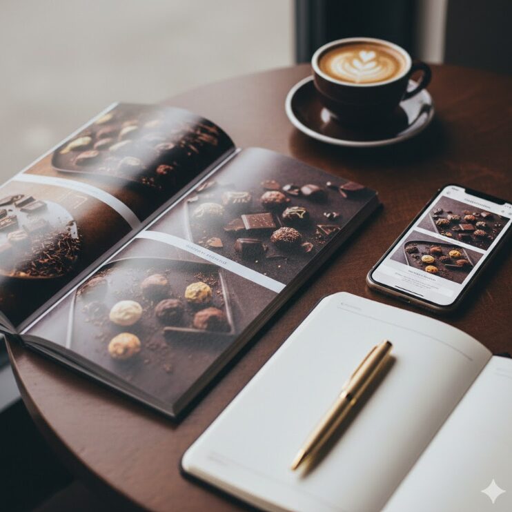 お洒落なカフェのテーブルの上。開かれた華やかなチョコレートカタログ、ノート、ペン、そしてスマートフォンの画面に映るデジタルカタログ。背景にぼかしたコーヒーカップを置き、「作戦を立てている」ワクワク感を演出。