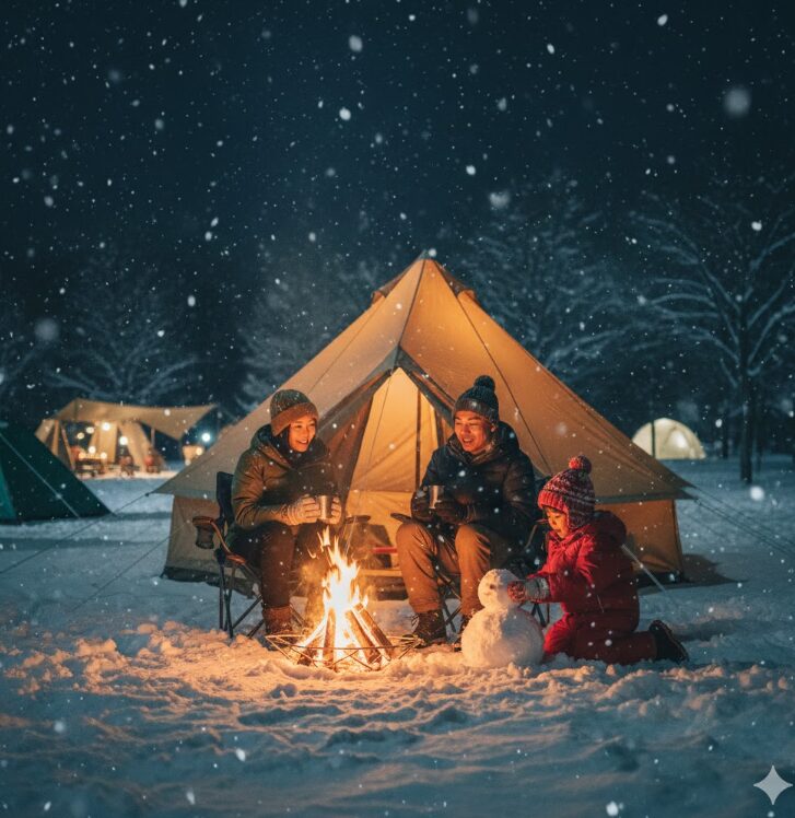 雪が積もったキャンプサイトに、ベージュやカーキ色のテントが設営されている。
テントの前で焚き火が燃えており、日本人の夫婦が暖かい飲み物を手にリラックスしている。