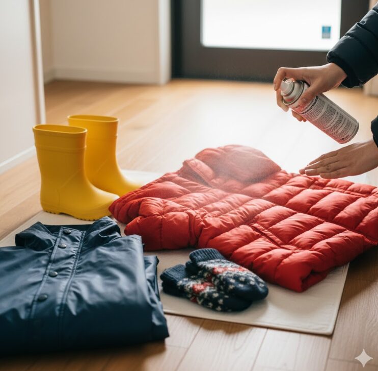 明るい玄関やリビングで、日本人の母親が子供のダウンジャケットや長靴に防水スプレーを丁寧にかけている手元のアップ。
そばには、レインウェアや厚手の靴下などが準備されている。
