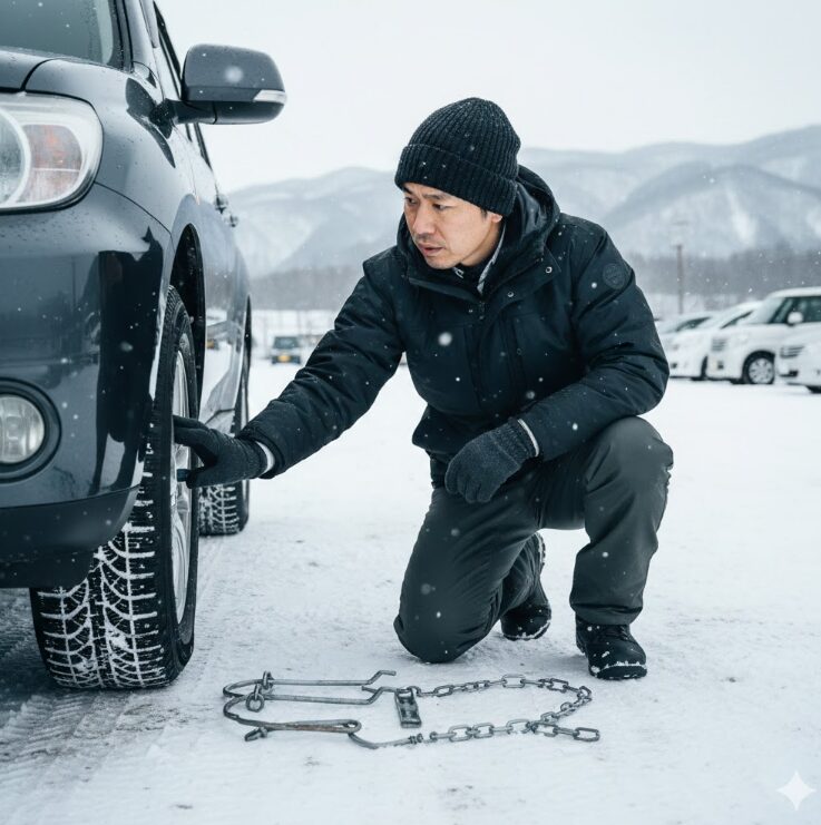駐車場の車（SUVまたはミニバン）のタイヤ付近で、日本人の男性がしゃがみ込んでタイヤの溝（プラットホーム）をチェックしている。

または、タイヤチェーンを広げて装着のシミュレーションをしている様子。