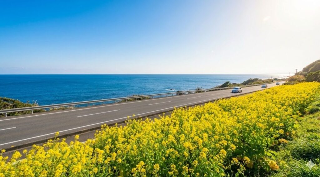 冬でも温暖な千葉県南房総の海岸沿いに咲く菜の花と青い海の景色