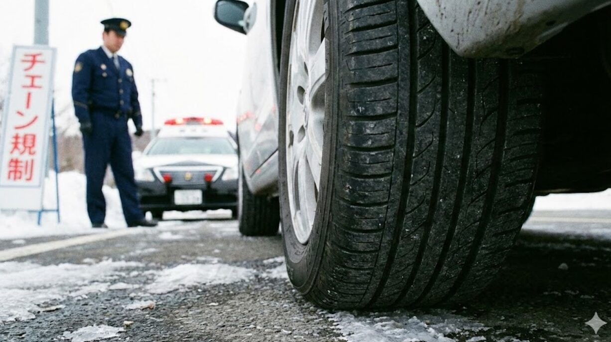 雪道の走行規制を想起させる、ノーマルタイヤのアップと背景に立つ警察官のイメージ
