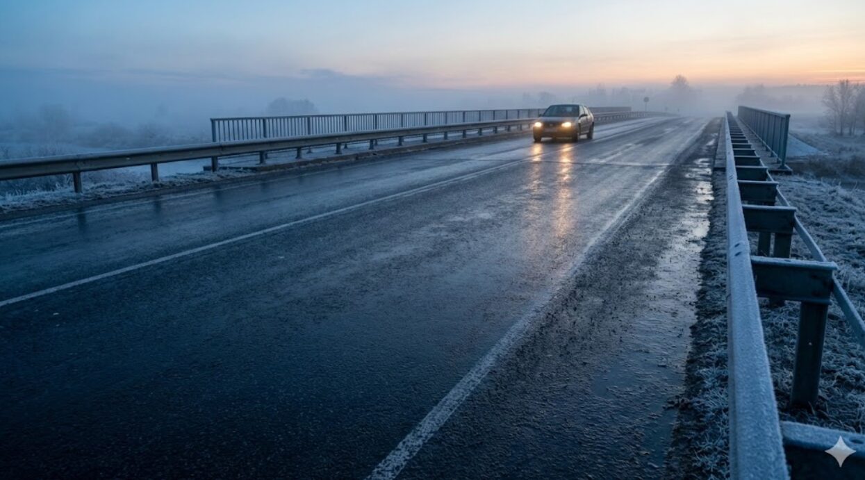 凍結の危険がある冬の早朝の橋の上、ブラックアイスバーンが疑われる路面状況