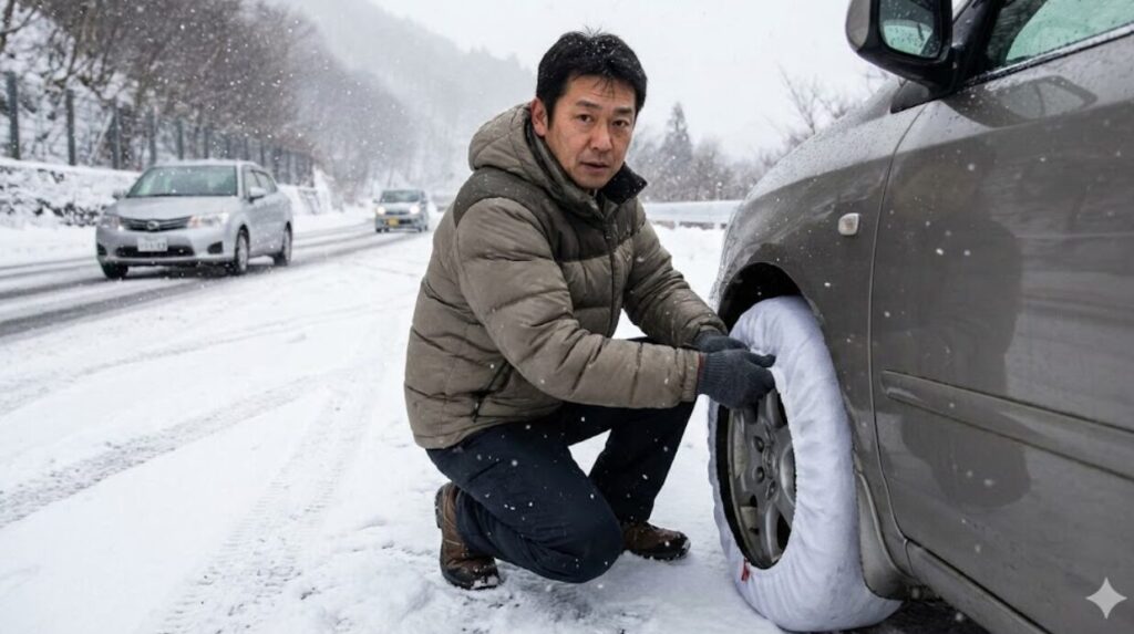 緊急時の積雪に備えて布製タイヤチェーンを車輪に装着する日本人男性の様子