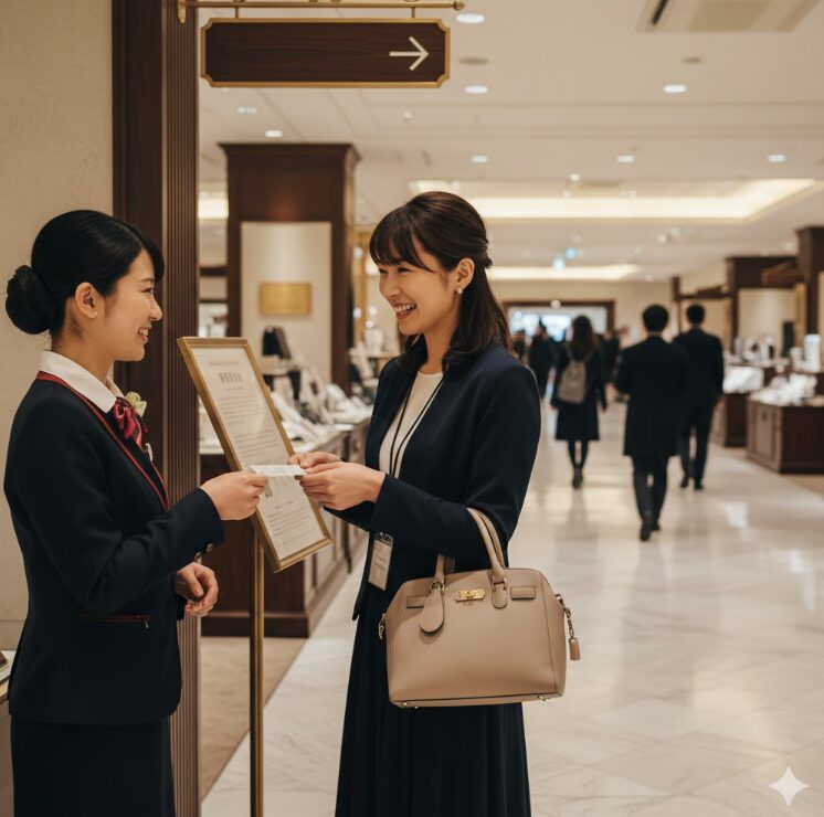 百貨店の開店前、整然と並ぶ案内板や、スタッフから整理券を笑顔で受け取る日本人女性。背景には開店直後の静かながらも熱気のある通路を映し、効率的に動けている「成功体験」を視覚化。