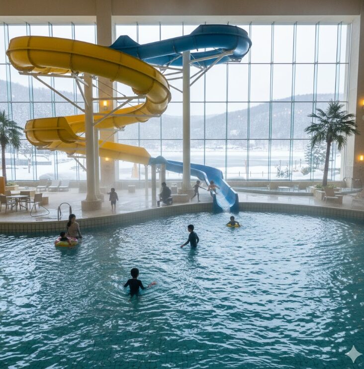 外に雪が舞う冬の景色が見える大きな窓がありながら、館内は温かそうな湯気が立ち上る広大な温水プール。カラフルなウォータースライダーがある。