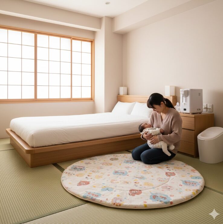 角が丸く加工された家具、低いローベッド、清潔なプレイマットが敷かれた和洋室。日本人の母親が赤ちゃんを抱きながら、備え付けの哺乳瓶消毒セットやオムツ用ゴミ箱がある清潔な室内でリラックスしている様子。