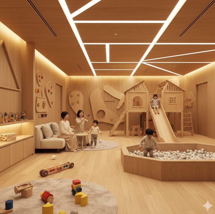 木のぬくもりを感じる広々とした館内キッズスペース。最新の遊具で遊ぶ孫を、笑顔で見守る日本人の祖父母と両親。落ち着いた照明とモダンな内装。