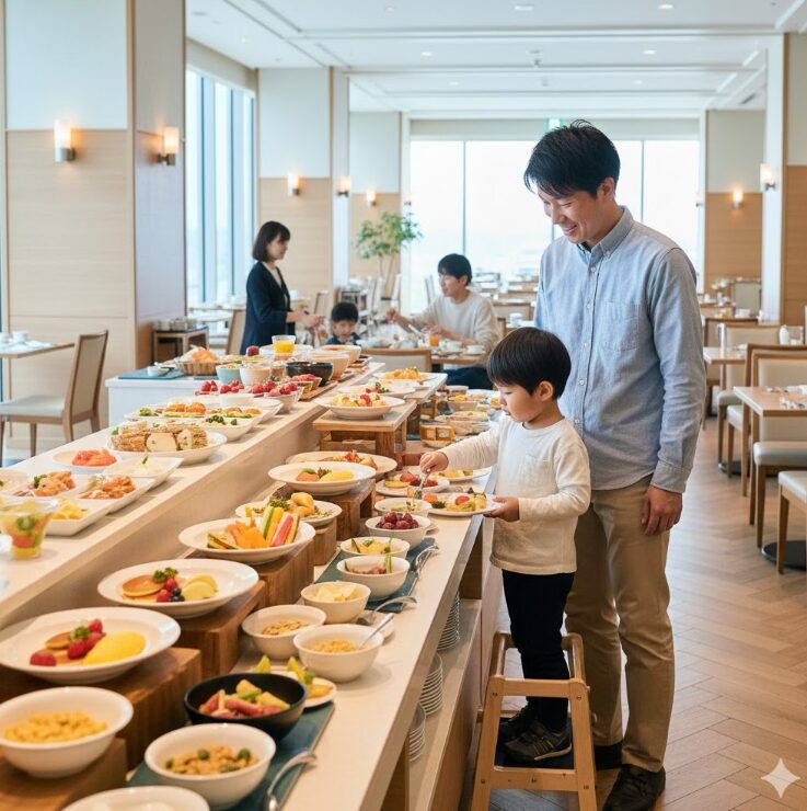 ホテルのレストランにある、子供の背丈に合わせた低いビュッフェカウンター。色鮮やかで栄養バランスの良さそうな料理が並び、自分で料理を取ろうとする日本人の子供と、それを見守る父親。