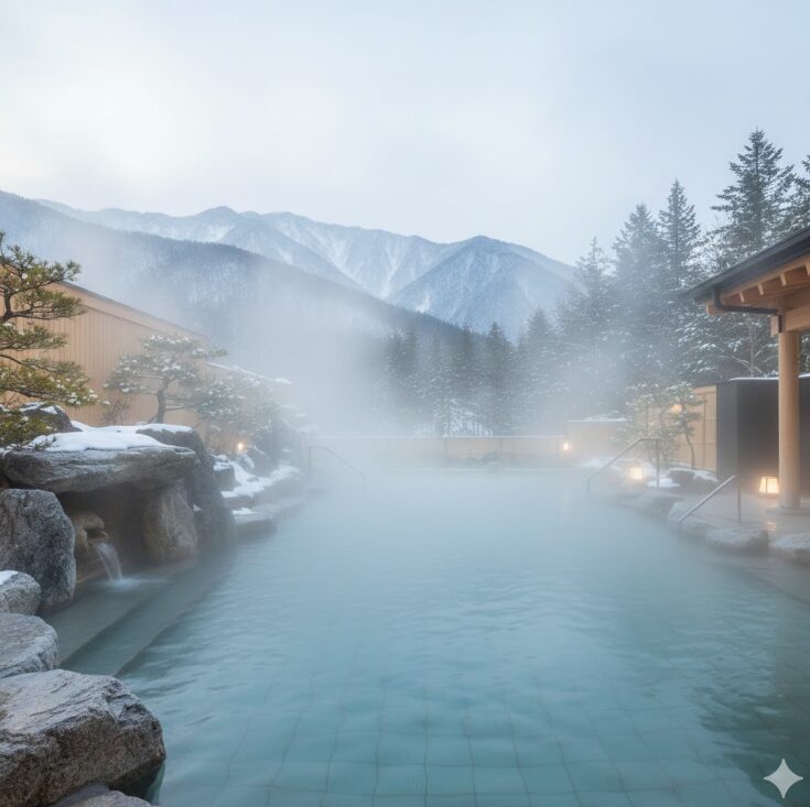 幻想的な湯気が立ち込める、水着で入れる屋外温水プール（バーデゾーン）または貸切風呂。遠くに山々の冬景色が見える。