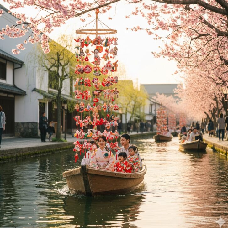 柳川の掘割(水路)をゆく「どんこ舟」と、その上に飾られた色鮮やかな「さげもん(吊るし飾り)」。