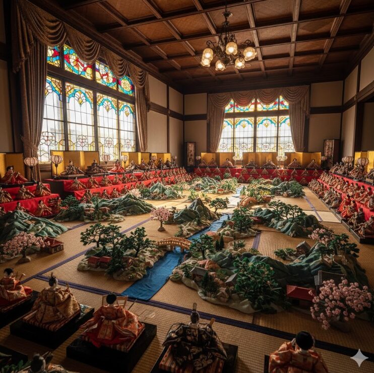 広い畳の部屋(和室)いっぱいに、山や川などの風景と共に並べられた圧倒的な数の雛人形(座敷雛)。ステンドグラスがある洋館の要素が混じった、明治・大正期の豪華な和室。