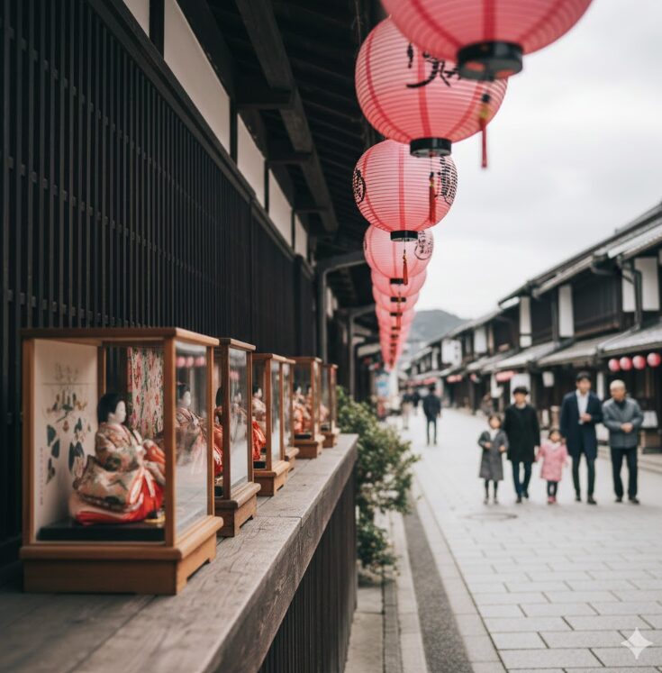 木箱に入った素朴で気品のある「箱雛」が、古い町家の軒先に飾られている様子。