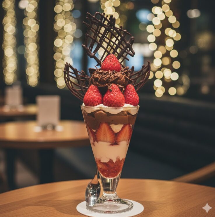 芸術的なデザインのチョコレートパフェ（いちごやチョコ細工が乗ったもの）がお洒落なカフェのテーブルに盛り付けられている風景