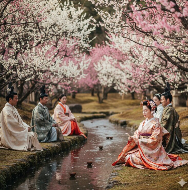 十二単を纏った日本人女性が、小川のほとりで和歌を詠む姿。